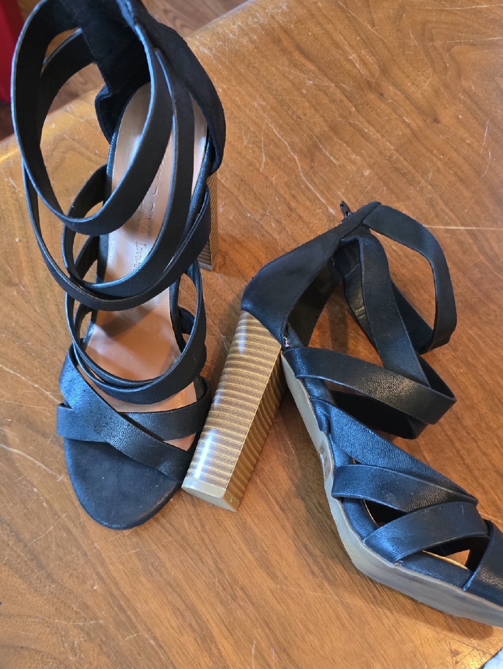 Black Strappy Block Heel Sandals with Wraparound Ankle Tie